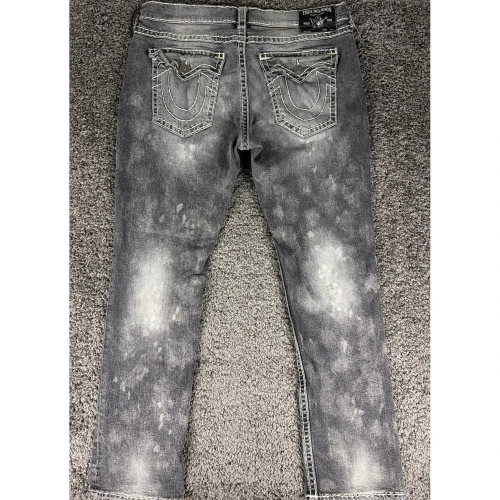 True Religion Ricky Relaxed Straight Jeans Mens 40 Grey Acid Wash White Stitch